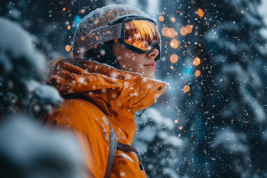 Zbliżenie na snowbordzistkę w pomarańczowej kurtce
