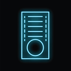 Blue neon computer case icon is glowing against a black background