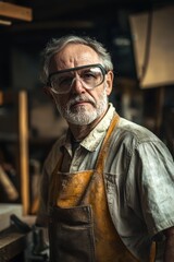 Obraz premium Erfahrener Handwerker Porträt Werkstatt Schutzbrille ernster Blick Arbeitskleidung authentisch Werkstattumgebung industrielles Setting reife Ausstrahlung Konzentration Holzarbeit Handwerkskunst Detail