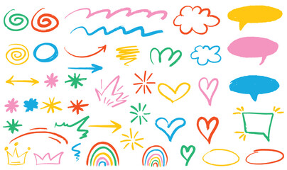 Vector Set of Hand Draw Elements. Colorful Doodle Expression Shapes, Scratch, Expressive Graphic Effects for Design © enotmaks
