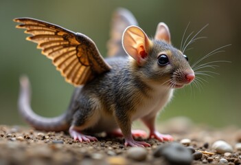 Obraz premium A whimsical creature with butterfly wings poses on a gravel surface, showcasing its unique features in a natural setting