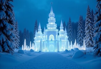 A majestic ice castle illuminated at night, surrounded by snow-covered trees and a serene winter landscape
