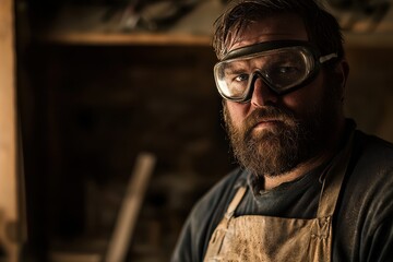 Obraz premium Erfahrener Handwerker Porträt Werkstatt Schutzbrille ernster Blick Arbeitskleidung authentisch Werkstattumgebung industrielles Setting reife Ausstrahlung Konzentration Holzarbeit Handwerkskunst Detail