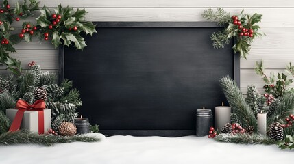 Black chalkboard surrounded by christmas decorations with space for text