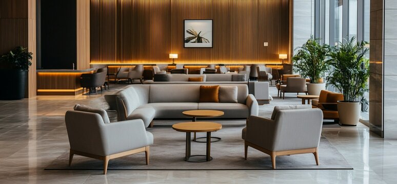 Modern lobby interior design with comfortable seating, a large sofa, and a wooden wall.