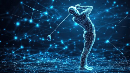 A futuristic golfer swings with glowing blue lines in an abstract geometric landscape enhancing the art of golf visualization