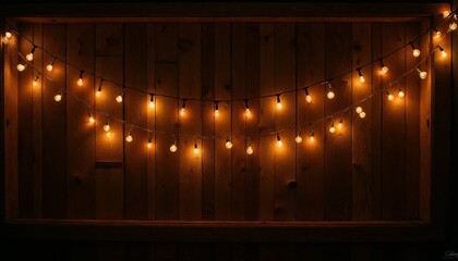 Fairy lights draped across a rustic wooden wall, cozy and magical ambiance with soft glowing light in the dim evening, copy space