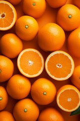 A flat lay of whole and halved oranges on an orange background.