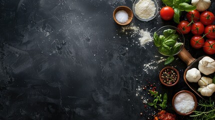 Ingredients and prepared pizza on black backdrop. Banner with space for text, Culinary concept.