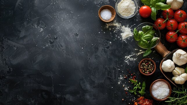 Ingredients and prepared pizza on black backdrop. Banner with space for text, Culinary concept.