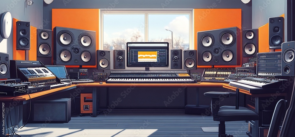 Aufkleber modern music studio with large speakers and a computer with audio editing software on the desk.