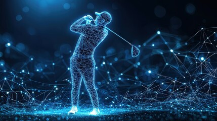 Explore the dynamic fusion of golf and technology through a stunning golfer figure set against futuristic glowing blue geometry