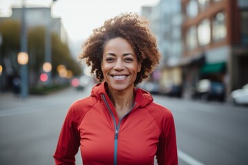 Fototapeta premium Portrait of a middle aged body positive woman in sporty clothes outside