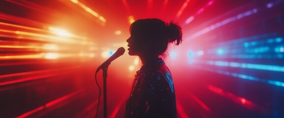 Silhouette of a female singer with microphone in a dimly lit room with colorful lights.