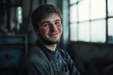 Obraz premium Junger Metallarbeiter Porträt Werkstatt Industriekulisse Licht und Schatten männlich konzentriert Gesicht Nahaufnahme authentisch Handwerk Arbeit rustikal Sonnenlicht Charakter industriell