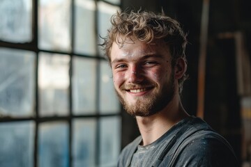 Obraz premium Junger Metallarbeiter Porträt Werkstatt Industriekulisse Licht und Schatten männlich konzentriert Gesicht Nahaufnahme authentisch Handwerk Arbeit rustikal Sonnenlicht Charakter industriell