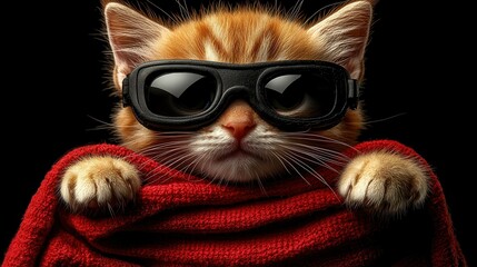 A cat wearing sunglasses and a red sweater. The cat is looking at the camera with a serious expression