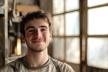Obraz premium Junger Metallarbeiter Porträt Werkstatt Industriekulisse Licht und Schatten männlich konzentriert Gesicht Nahaufnahme authentisch Handwerk Arbeit rustikal Sonnenlicht Charakter industriell