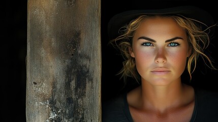 Fototapeta premium A woman with a black hat and blue eyes stands in front of a wooden post. The photo has a moody, mysterious feel to it, as the woman's gaze is directed towards the camera