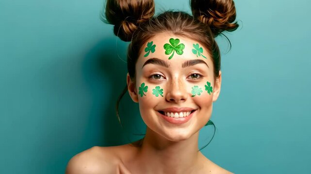 Stunning portrait of Irish girl with green clover face painting for St. Patricks Day celebration.