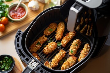 Crispy breaded snacks in air fryer with sauce