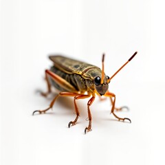Fototapeta premium Close-up photo of a brown and orange insect. Insect with long antennae on white background. Bug with big eyes on isolated backdrop. Macro photography of nature.