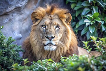 Obraz premium Aerial View of a Majestic Golden-Headed Lion Roaming Through a Vibrant Jungle Landscape Captured with Drone Photography, Highlighting Its Unique Coat and Natural Habitat