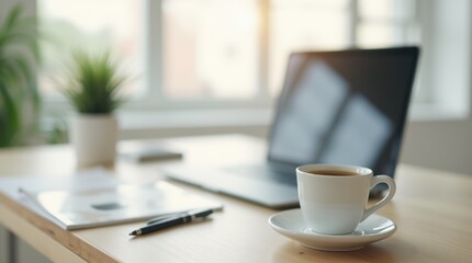 Obraz premium Modern Home Office Desk with Laptop, Coffee, and Plant