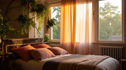 Fototapeta premium Bohemian Style Bedroom with Colorful Pillows and Woven Throws