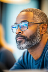 Obraz premium A bearded man with glasses listens intently during a group discussion in a bright, modern workspace