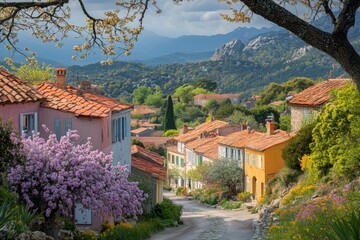 Fototapeta premium Picturesque french village with blooming flowers and mountain view in spring