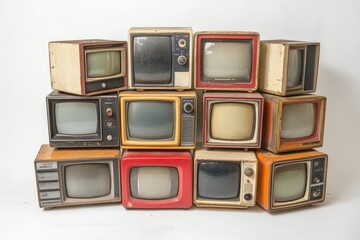 Stack of vintage televisions representing broadcasting history