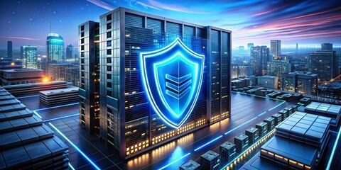 Aerial View of a Secure Data Center with a Glowing Shield Symbolizing Protection and Safety in a High-Tech Environment Surrounded by Modern Infrastructure and Technology