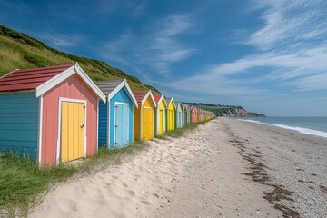 Colorful beach huts stretching along a sandy coastline under a blue sky