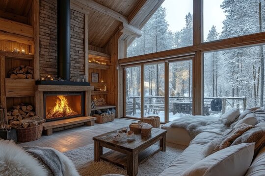 Fototapeta Cozy living room with burning fireplace overlooking snowy winter forest