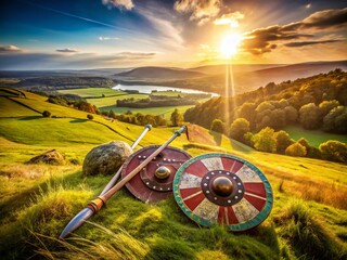 Aerial View of a Shield and Crossed Spears Displayed on a Natural Landscape, Perfect for Historical or Medieval Themes in Stock Photography