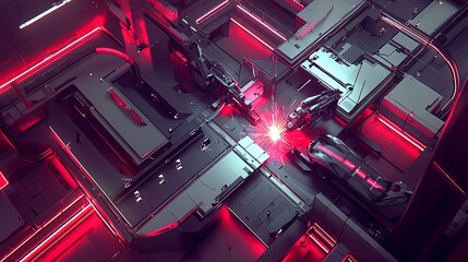 Automated assembly line with robotic arms precisely welding car components