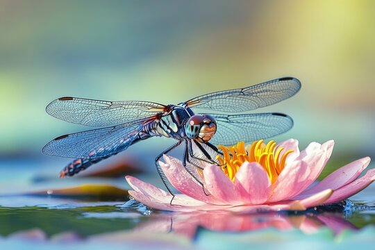 Colorful dragonfly resting on a beautiful pink water lily flower