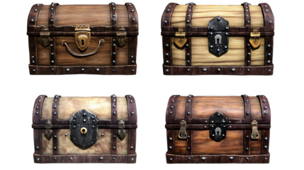 Various set of Vintage Wooden Locked Treasure Chest isolated on transparent background