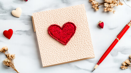 A handcrafted card features a textured surface and a prominent felt heart, surrounded by dried flowers and a pen