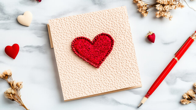 A handcrafted card features a textured surface and a prominent felt heart, surrounded by dried flowers and a pen