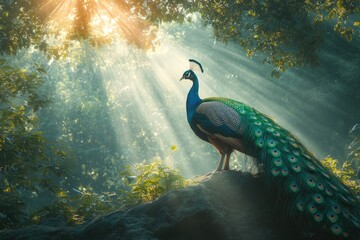 Majestic peacock standing on rock in sunlit forest © Lubos Chlubny