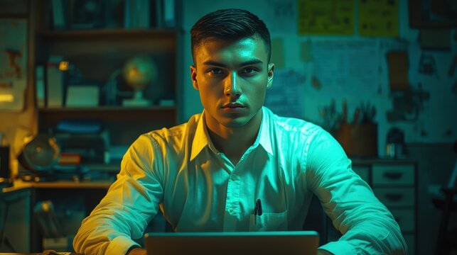 A man is sitting at a desk with a laptop in front of him. He is wearing a white shirt and has a serious expression on his face. The room is dimly lit, giving it a somewhat ominous atmosphere