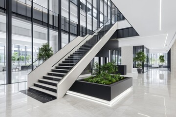 Modern lobby featuring a sleek staircase, large glass windows, and planter boxes for a fresh ambiance.