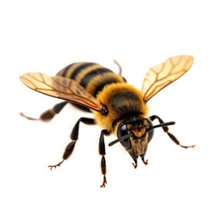 Leafcutter bee on transparent background. Insect with yellow stripes, black legs, large eyes, and transparent wings. Macro photo of a bee on cut out backdrop, isolated. Bee with detailed texture. Png.