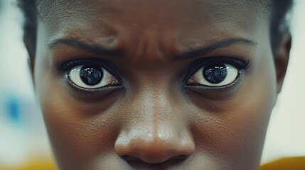 A woman with dark skin and black hair is staring at the camera with her eyes wide open. Concept of intensity and focus, as if the woman is deeply engaged in whatever she is looking at