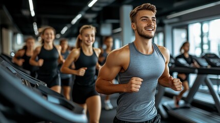 A man is running on a treadmill with a group of people behind him. The man is smiling and he is enjoying himself. The group of people are also running