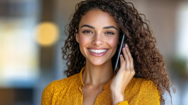 A woman with curly hair is smiling and talking on her cell phone. She is wearing a yellow shirt and she is in a happy mood