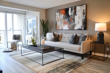 Modern living room with cozy furnishings abstract wall