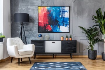 Modern living room with abstract art and white armchair